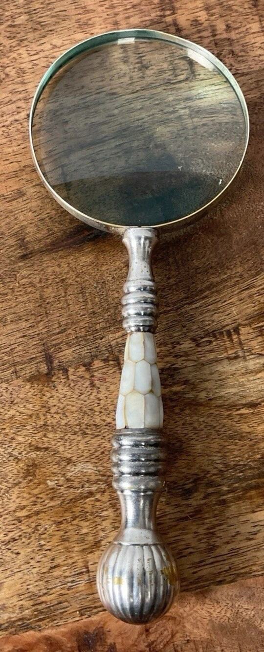 Antique silver Plated Chrome & Mother-of-Pearl Desk Magnifying Glass Map Reader